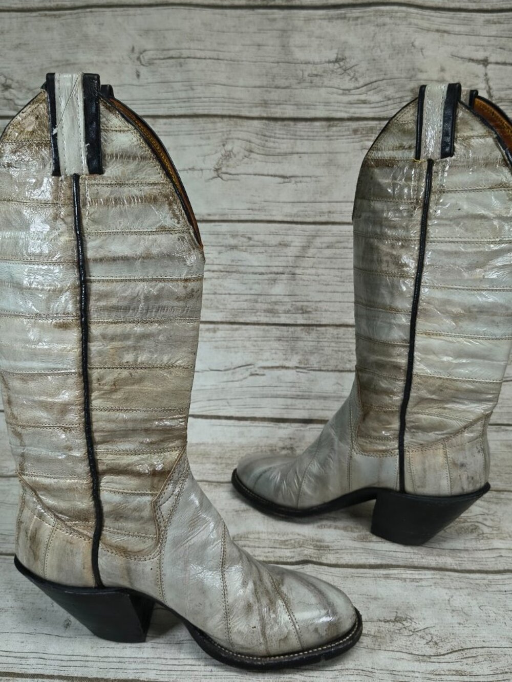 Sanders Bootmakers Vintage Eel Skin Tall Western Boots Off White Women 7.5